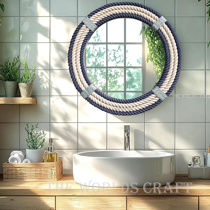 Nautical Round Rope Mirror - White Twisted Rope Wall Hanging Mirror, Rustic Boho & Coastal Farmhouse Décor for Bathroom, Bedroom, Nursery, or Entryway