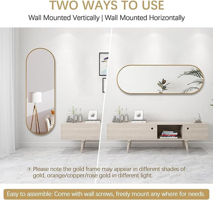 Niccy 48"×16" Oval Full Length Mirror, Long Oval Mirror with Unique Metal Frame Large Explosion-Proof Hanging Mirror for Living Room, Decorative Vanity Mirror for Bathroom, Bedroom, Gold