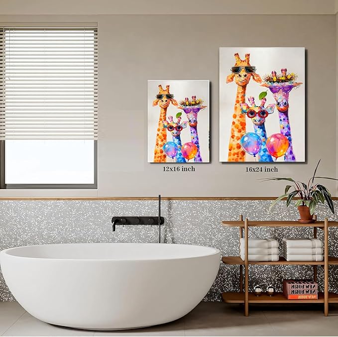 12x16 Graffiti Giraffe Family Canvas Wall Art, Colorful Framed Animal Prints with Sunglasses & Balloon, Funny Lovely Artwork for Kids, Teen Boys Girls, Nursery Bedroom & Living Room Home Decor