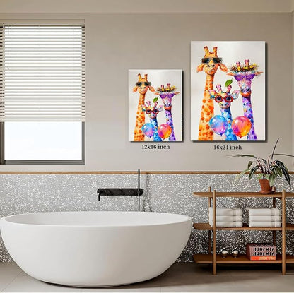 12x16 Graffiti Giraffe Family Canvas Wall Art, Colorful Framed Animal Prints with Sunglasses & Balloon, Funny Lovely Artwork for Kids, Teen Boys Girls, Nursery Bedroom & Living Room Home Decor