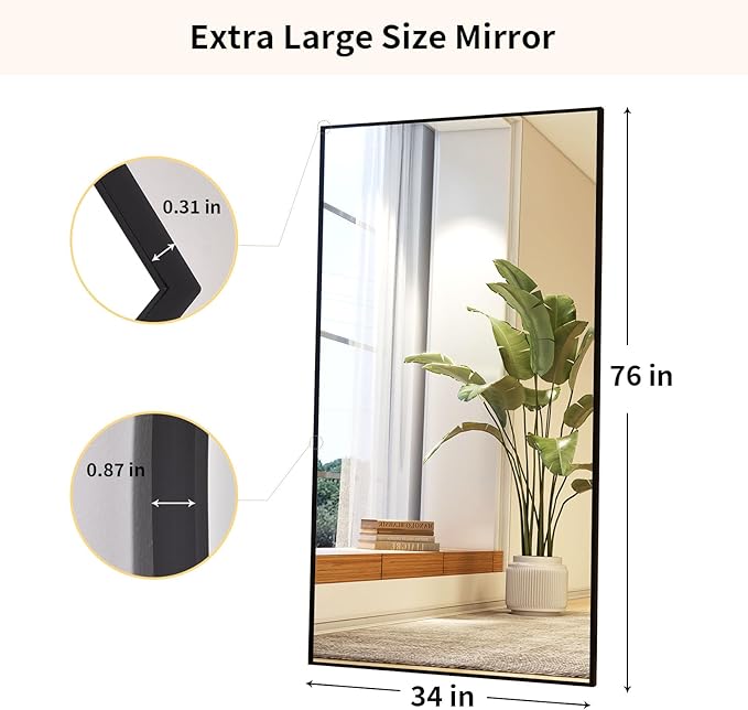 Easly 34"x76" Full Length Mirror with Stand, Large Rectangular Floor Mirror for Bedroom, Living Room or Closet, Wall-Mounted or Freestanding, Black Aluminum Alloy Frame