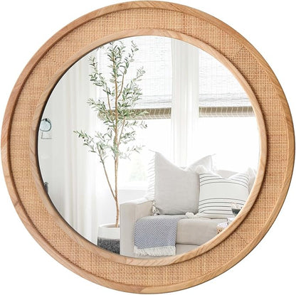 24" Round Rattan Mirror, Circle Wall Mirror, Farmhouse Wooden Vanity Mirror with Handmade Wicker Frame, Decorative Boho Mirror for Nursery Bedroom Living Room Entryway Nature