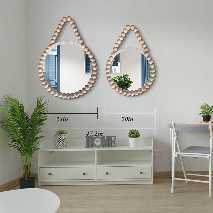 POZINO Wood Beaded Round Wall Mirror, 24" Farmhouse Hanging Rustic Mirror with Rope, Spherical Frame for Bathroom Bedroom Living Room Hallway Entryway Fireplace