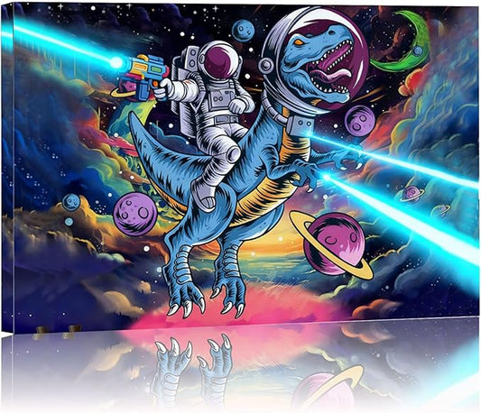 12x16 Space Astronaut Dinosour Star Wars Canvas Picture Wall Art Watercolor Framed Prints Teen Boy T-Rax in Galaxy Cosmic Home Decor Painting Kids Bedroom Painting Child Room Funny Poster Kids Bathroom Photo
