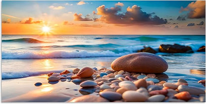 TutuBeer 1 Panel Beach Pictures Wall art Beach Pictures Blue Sea Sunset White Ocean with Stone Print on Canvas Ocean Picture Wall Decor for Home Decor Decoration Ready to Hang 8x16inch