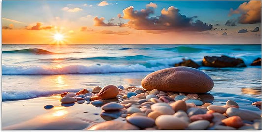 TutuBeer 1 Panel Beach Pictures Wall art Beach Pictures Blue Sea Sunset White Ocean with Stone Print on Canvas Ocean Picture Wall Decor for Home Decor Decoration Ready to Hang 8x16inch