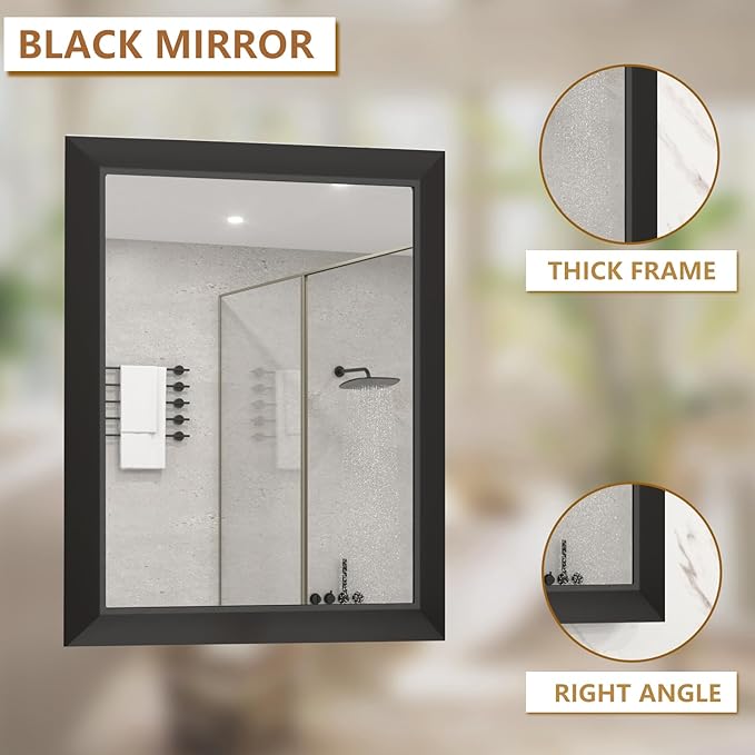 SMIROR Matte Black Bathroom Mirror for Over Sink 28x 32 inch, Metal Thick Frame Rectangle Vanity Mirror for Wall, Anti-Rust, Horizontally or Vertically Mounted