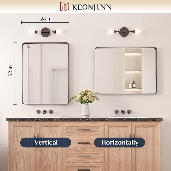 Keonjinn Black Bathroom Mirror for Over Sink, 24 x 32 Inch Matte Black Vanity Mirror, Rounded Corner Rectangle Farmhouse Mirror, HD Tempered Glass, Modern Decorative Mirror with Sandblasted Finish