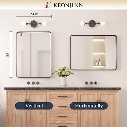 Keonjinn Black Bathroom Mirror for Over Sink, 24 x 32 Inch Matte Black Vanity Mirror, Rounded Corner Rectangle Farmhouse Mirror, HD Tempered Glass, Modern Decorative Mirror with Sandblasted Finish