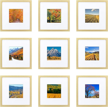 HEART ART 8x8 Gold Picture Frame Set of 9, Display Pictures 4x4 with Mat or 8 x 8 without Mat, Multi Collage Gallery Square Gold Photo Frames for Wall