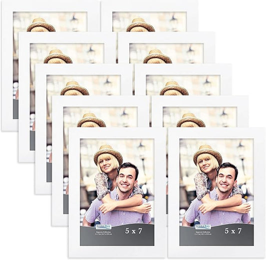Icona Bay 5x7 Picture Frame Set (White, 10 Pack), Simple Modern Design, Table Top Kickstand and Wall Hanging Hooks Included, Impresia Collection