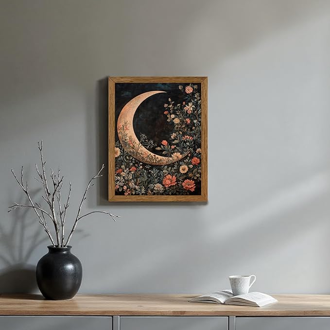 JLTULT Framed Vintage Floral and Moon Canvas Wall Art, Dark Mystical Celestial Floral Wall Decor, William Morris Gothic Prints Artwork for Bedroom Living Room Office Decoration 8x10 inch Easy to Hang
