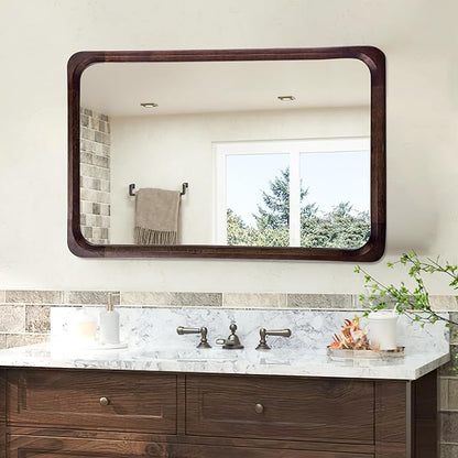 Tanmicoshomy Wood Bathroom Mirror 26 x 40 Inch, Solid Wood Framed Rectangle Mirrors with Tempered Glass for Living Room Bedroom Office or Entryway(Dark Brown)