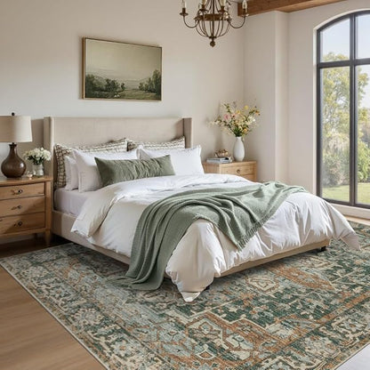 Rugxara 5x7 Area Rugs for Living Room Bedroom, Washable Rug, Green Vintage Retro Boho Rug, Non Slip & Low Pile Faux Wool Thin Carpet for Indoor Dining Room and Kids Room(Green/Brown 5x7ft)