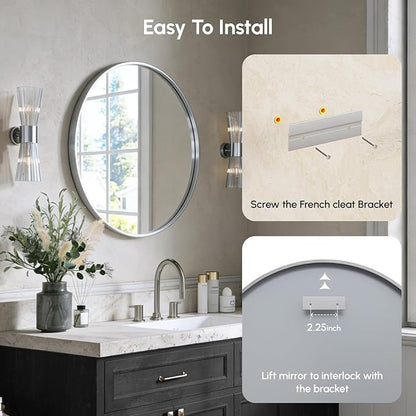 USHOWER Brushed Nickel Bathroom Mirrors for Over Sink, 24 Inch Circle Mirror with Metal Frame, Wall Mirror for Vanity, Entryway, Living Room, Hallway and Bedroom Decor