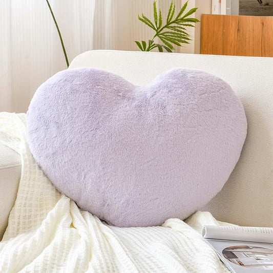 XVTRU Lavender Heart Pillows, Cute Heart Decorative Pillow, Heart Shaped Throw Pillows for Bed, Faux Rabbit Fur Plush Hoom Decor Pillow Cushion for Chair Sofa Living Room (Large-19.6"x15.7")