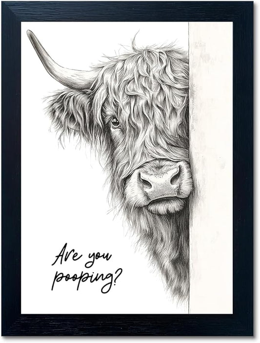 Funny Highland Cow Bathroom Wall Art - Rustic Farmhouse Wall Decor with Humorous Are You Pooping Canvas Print, Cute Animal Canvas Art for Restroom - Black Framed Cow Pictures Wall Decor Ready to Hang 11"x14"