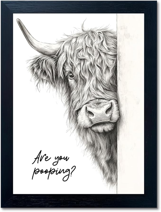 Funny Highland Cow Bathroom Wall Art - Rustic Farmhouse Wall Decor with Humorous Are You Pooping Canvas Print, Cute Animal Canvas Art for Restroom - Black Framed Cow Pictures Wall Decor Ready to Hang 16"x20"