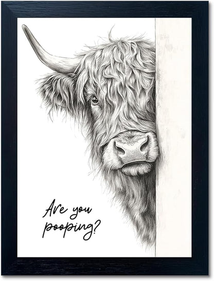 Funny Highland Cow Bathroom Wall Art - Rustic Farmhouse Wall Decor with Humorous Are You Pooping Canvas Print, Cute Animal Canvas Art for Restroom - Black Framed Cow Pictures Wall Decor Ready to Hang 8"x10"
