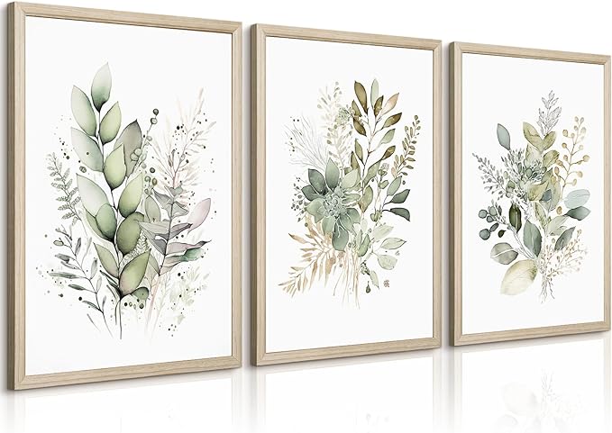 Watercolor Botanical Wall Art Set of 3 Boho Floral Canvas Wall Decor Prints Sage Green Wildflower Wall Art Modern Flower Pictures Botanical Painting for Bedroom Bathroom 16x24 Inch Wood Framed