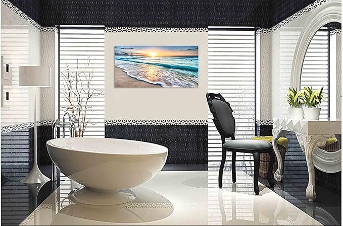 TutuBeer 1 Pcs Beach Wall Art Beach Wall Decor Blue Sea Sunset White Beach Ocean Wall Art Beach Pictures Wall Art Seascape Print on Canvas Ocean Decor Beach Decor for Bedroom Home Decor 12x24 inch