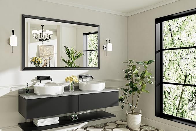 Briivue 60x36 Inch Black Bathroom Mirror for Wall, Thick Metal Framed Rectangle Mirrors for Over Sink, Bedroom, Living Room, Entryway, Anti-Rust, HD Tempered Glass
