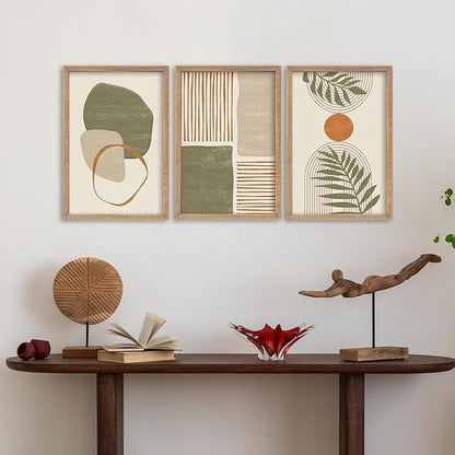 SRSZHIYUE Large Green Abstract Boho Plant Wall Art Neutral Bohemian Set of 3 Wood Framed 16x11 Inch for Living Room Bedroom Wall Decor Hanging (Wood)