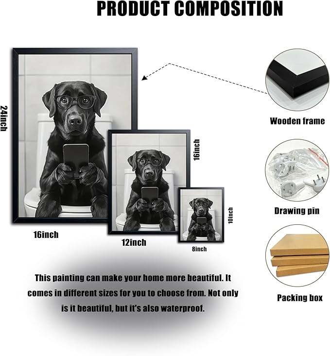 Black and White Bathroom Wall Art, Funny Labrador Dog Canvas Prints Poster, Cute Animal Sitting on Toilet Looking at Phone Picture, Modern Farmhouse Restroom Bathroom Home Wall Decor 8x10 Inch Framed