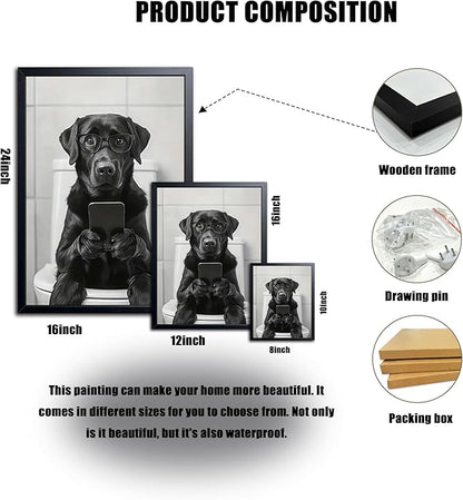 Black and White Bathroom Wall Art, Funny Labrador Dog Canvas Prints Poster, Cute Animal Sitting on Toilet Looking at Phone Picture, Modern Farmhouse Restroom Bathroom Home Wall Decor 8x10 Inch Framed