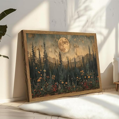 Vintage Nature Forest Wall Art Dark Moon Landscape Painting Wall Decor Woodland Picture Artwork 3D Textured Hand Drawn Sandstone for Farmhouse Bedroom Living Room 12x16 inch Wood Framed