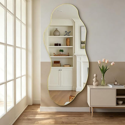 Large Irregular Wall Mirror, 63"x27.2" Asymmetrical Mirror with Gold Metal Frame, Organic Shape Mirror for Living Room Bedroom Hallway Entryway, Horizontal or Vertical Hanging