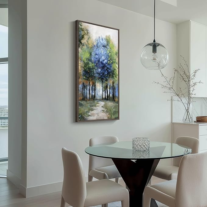 Framed Vertical Colorful Forest Living Room Wall Art, Large Tree & Path Picture Artwork for Walls, Farmhouse Landscape Vertical Canvas Print for Office Kitchen Foyer Stair Hallway Wall Decor, 20x40 In
