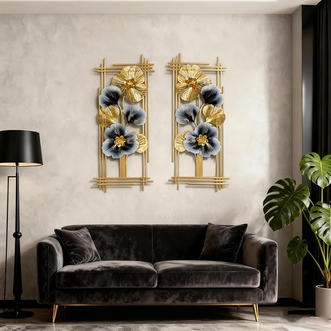 Metal Wall Art Decor 2 Pcs 34" x 15" 3D Wall Sculpture Handmade Golden Ginkgo Leaf Blue Flower Hanging Home Decor Wall Sculpture Modern for Living Room, Bedroom, Dining Room, Office and Hotel Large