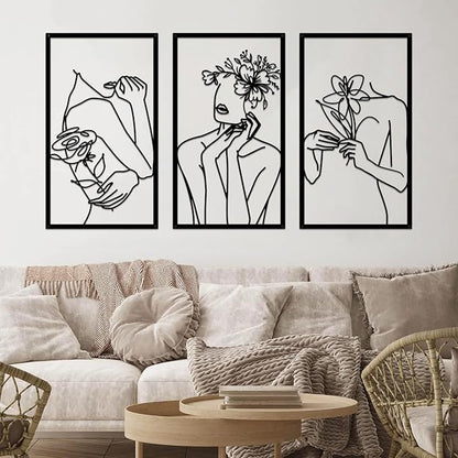 ESTART 3 Pieces Metal Minimalist Abstract Woman Wall Art Line Drawing Women Body Shape Wall Sculptures Single Line Female Flower Home Wall Art Decor for Bedroom Bathroom Living Room Kitchen