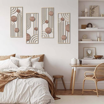 COLOR VALLEYART Set of 3 Modern Wood Wall Art Panels, Boho Geometric Design, 11.4 x 7 inches, Indoor Decor for Living Room, Office (6.2L''x15.7W''*4Pcs)