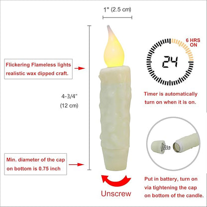 CVHOMEDECO. Real Wax Hand Dipped Battery Operated LED Timer Taper Candles Country Primitive Flameless Lights Décor, 4-3/4 Inch, Ivory, 2 PCS in a Package