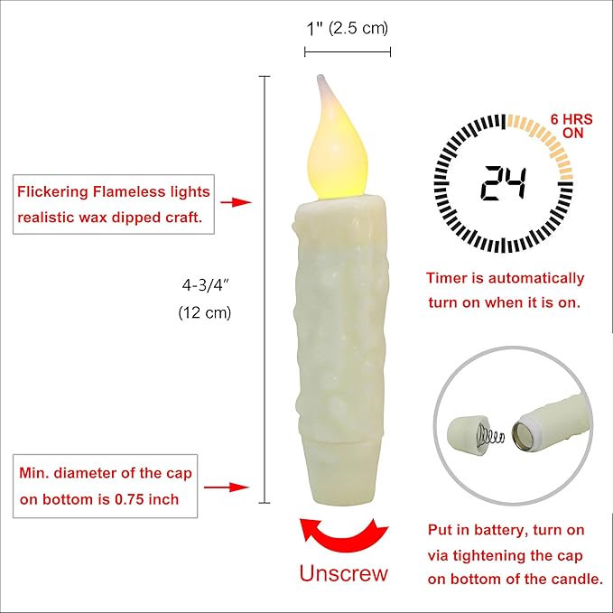 CVHOMEDECO. Real Wax Hand Dipped Battery Operated LED Timer Taper Candles Country Primitive Flameless Lights Décor, 4-3/4 Inch, Ivory, 3 PCS in a Package