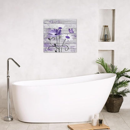HVEST Farmhouse Purple Floral Wall Art for Living Room, Daisy and Butterfly on Rustic Wood Canvas Wall Art Nature Plant Flower Pictures for Bathroom Bedroom Apartment Wall Decor,12L X 12W inches