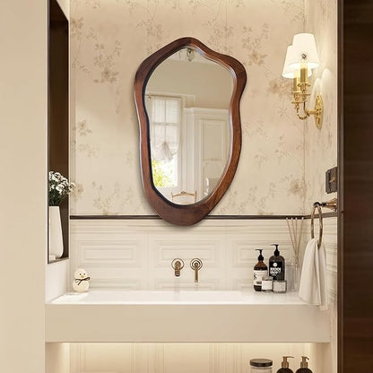 Irregular Wall Mirror 40"x24", Walnut Asymmetrical Mirror, Wood Bathroom Mirrors Wall Mounted, Wall Mirrors Decorative for Living Room, Bedroom, Bathroom, Hallway, Entryway