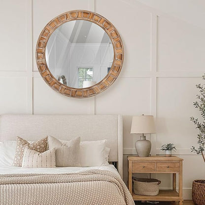30 Inch Brown Solid Wood Round Wall Mirrors, Decorative Circle Mirror for Bathroom, Bedroom, Living Room, Hallway, Foyer, Entryway