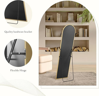 Arched Mirror Full Length, Upgraded 16"x59" Body Wall Mirrors with Shatter-Proof Glass, Floor Standing, Hanging or Leaning, Tall Arch Mirror with Stand Aluminum Alloy Frame for Bedroom, Gold