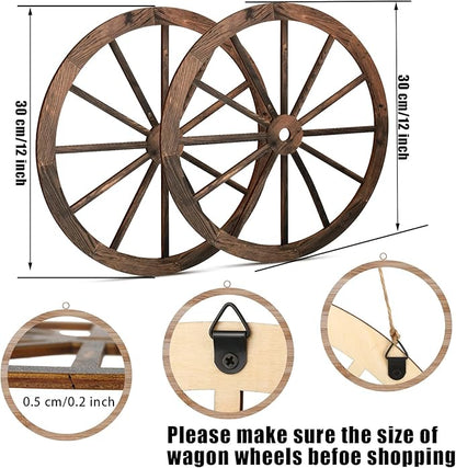 Qunclay 2 Pcs Wagon Wheel Decor Wooden Western Cowboy Party Decorations Vintage Rustic Wagon Wheel Wood Cartwheel Decor for Bar Garage Indoor Outdoor (Brown,12 Inch)