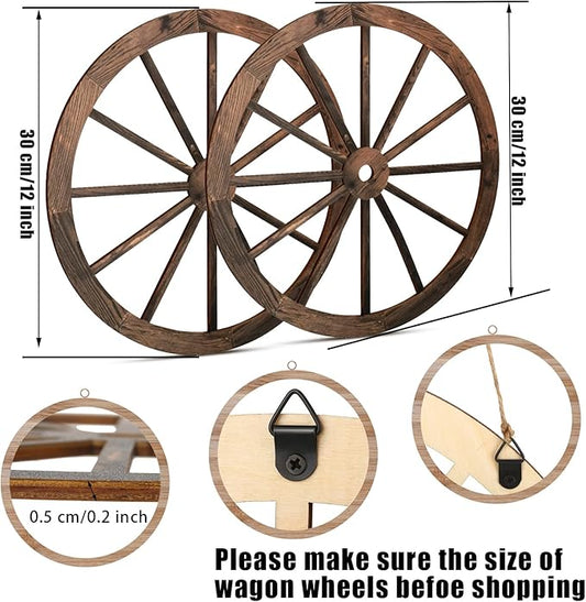 Qunclay 2 Pcs Wagon Wheel Decor Wooden Western Cowboy Party Decorations Vintage Rustic Wagon Wheel Wood Cartwheel Decor for Bar Garage Indoor Outdoor (Brown,12 Inch)