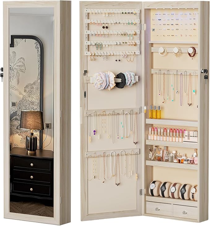 DUMOS Jewelry Armoire Cabinet with Full Length Mirror, 47.2" Tall Wall Mounted or Over the Door Jewelry Organizer with 33 Necklace Hooks, Lockable Large Capacity Jewelry Armoire with Drawers, Khaki