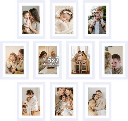 JCJMY 10 Packs 5x7 Picture Frame Bulk, Display 4x6 with Mat or 5x7 Without Mat, White Gallery Frame Set, 5 by 7 Frames Bulk Set of 10, Collage Wall Decor Photo Frame Set for Wall and Tabletop, White