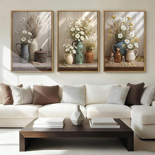 ANHUIB Vintage Wildflower Botanical Canvas Wall Art Framed Rustic Farmhouse Floral Pictures Wall Decor Country Daisy Painting 16x24 Inch Flower Set of 3 for Living Room Bedroom Office