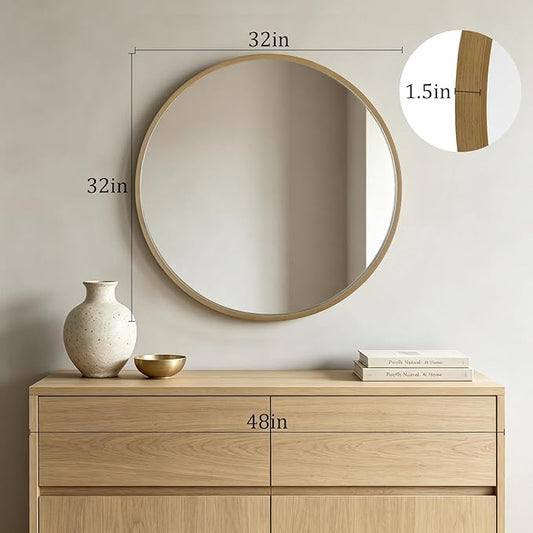 HOMECOOKIN Round Wood Mirror 32 inch Circle Mirror, Rustic Farmhouse Wooden Framed Decorative Wall Decor, Vanity Wall Mirror for Bathroom, Bedroom, Entryway, Living Room (Natural)