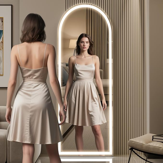 LED Arched Full Length Mirror with Lights 65"x24" - Lighted Floor Mirror with Dimming & 3 Color Lighting, Aluminum Frame Standing Leaning or Hanging for Bedroom Cloakroom White