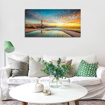 YYYYHPP YP1850 Canvas Prints Wall Art Peggy's Cove Lighthouse Sunset Ocean View Landscape Nature Pictures Stretched Canvas Wooden Framed for Living Room Bedroom and Office Wall Decor