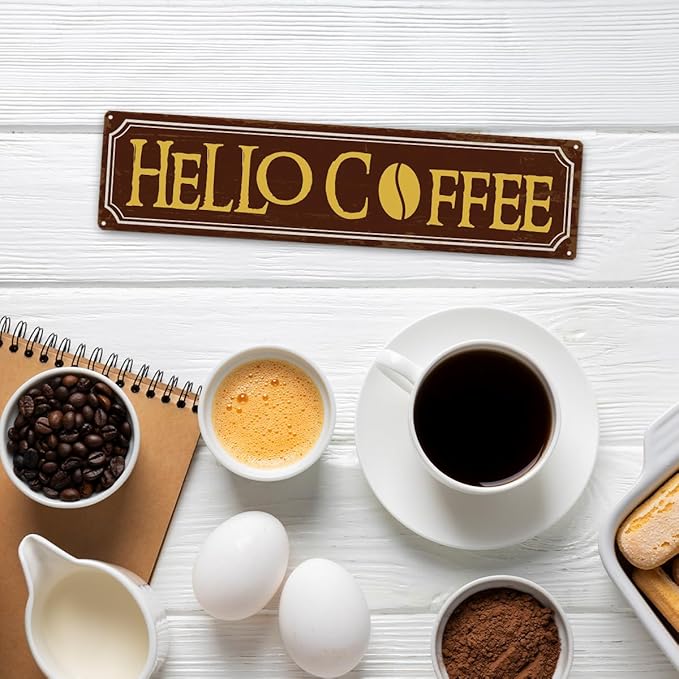 Hello Coffee Signs, Retro Metal Tin Sign, Home Kitchen Wall Decor, Farmhouse Decorations for Cafe, Coffee Station Decors, Decorative Metal Wall Signs 15.8x4 Inches